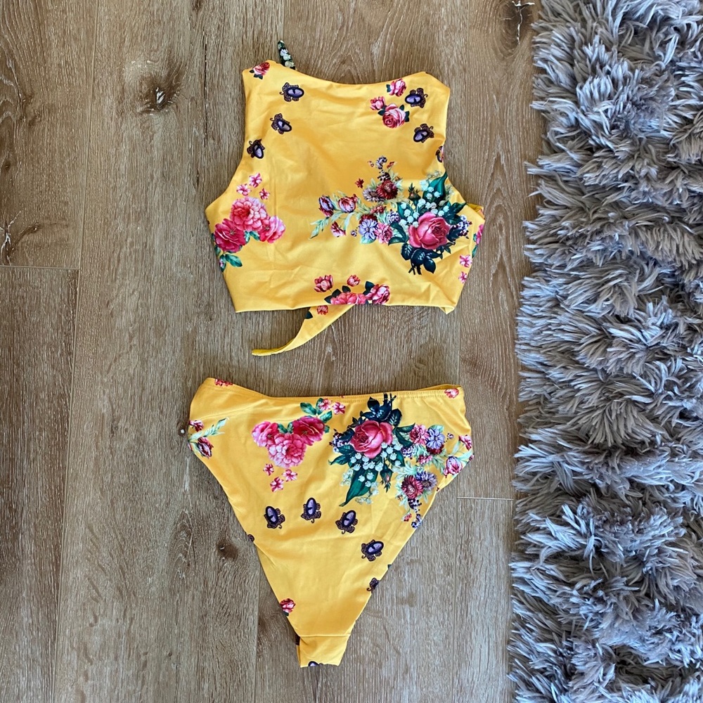 Yellow floral tie front high waist bikini - Picture 2 of 2